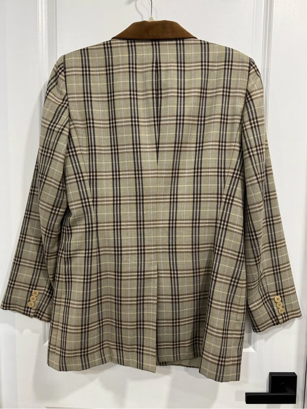 Liz Claiborne Vintage 100% Pure New Wool Plaid Blazer Suede Collar 8 Beige Brown